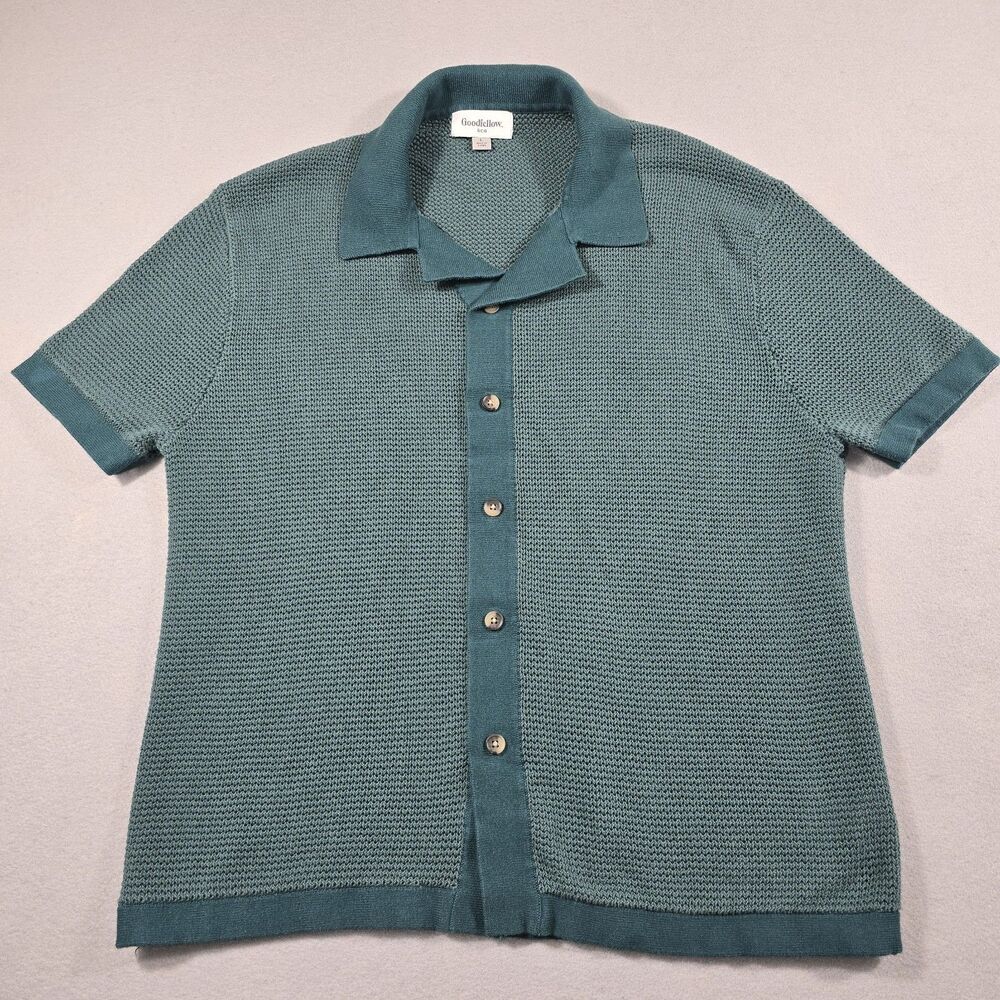 Goodfellow & Co Men’s Large Green Shirt Vacay Short Sleeve Button-Up Open Knit